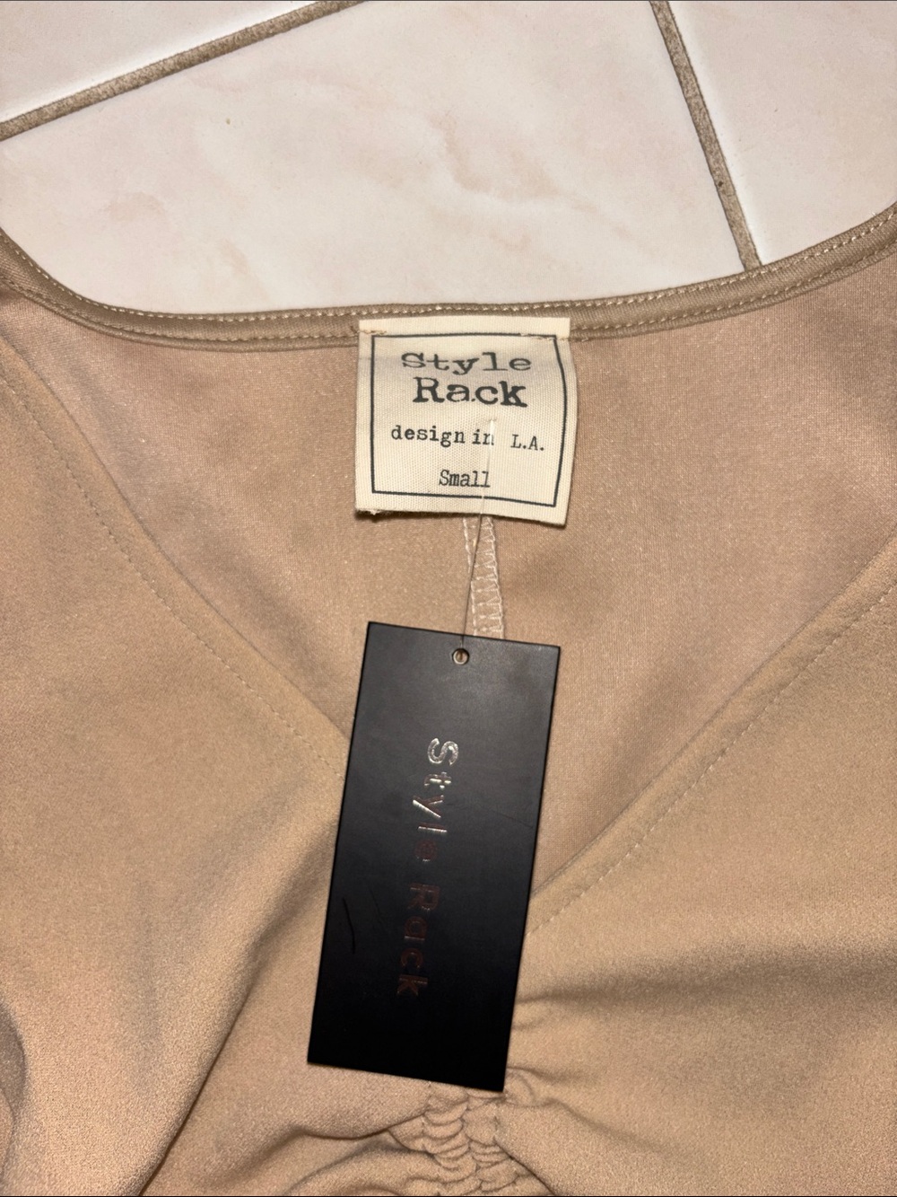 Style Rack Tan Ruched Front Cap Sleeve Mini Dress - Picture 3 of 5